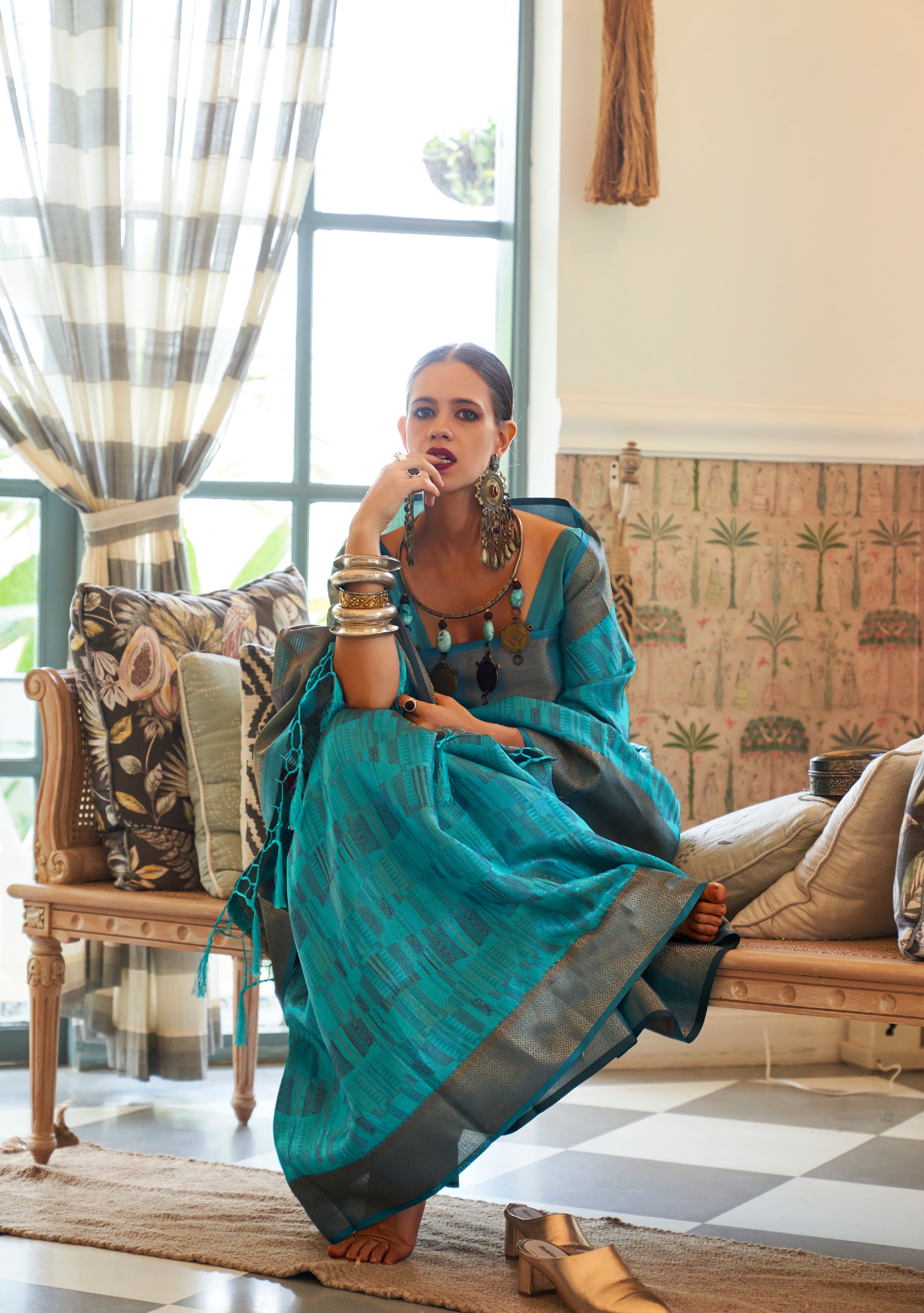 Kalki Koechlin Teal Designer Organza Saree Collection