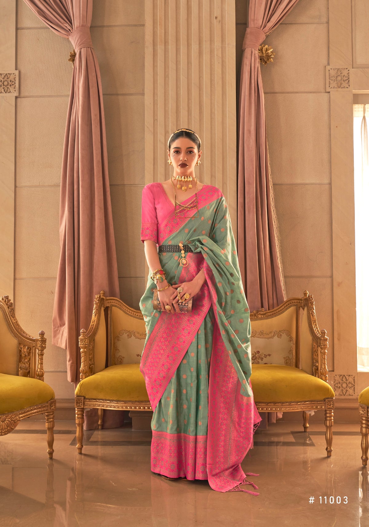 Green And Pink Bamboo Handloom Silk Saree With Zari Weaving