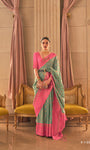 Green And Pink Bamboo Handloom Silk Saree With Zari Weaving