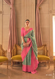 Green And Pink Bamboo Handloom Silk Saree With Zari Weaving