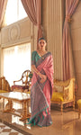 Pink And Green Bamboo Handloom Silk Saree With Zari Weaving