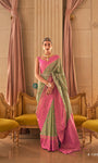 Green And Pink Bamboo Handloom Silk Saree With Zari Weaving