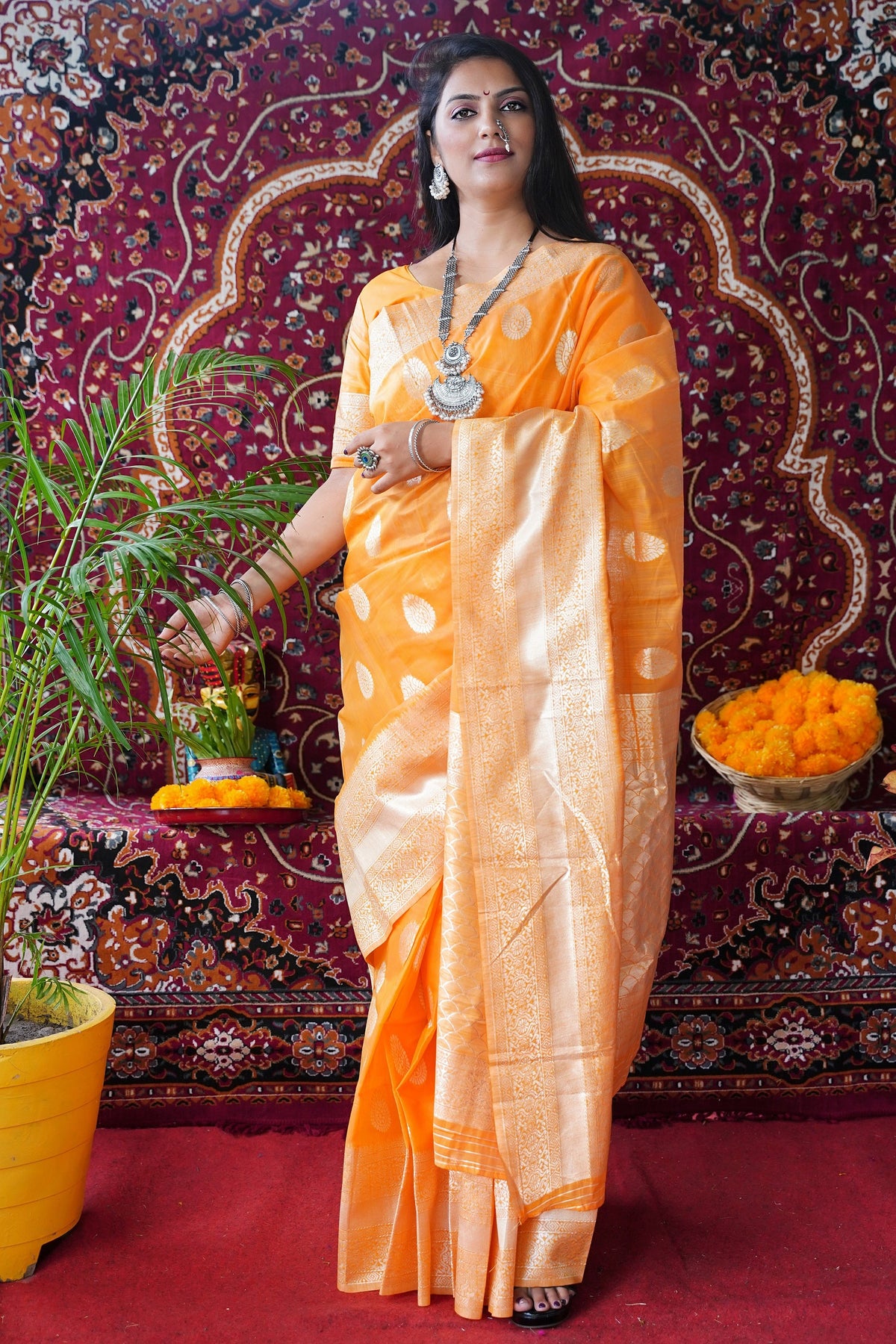 Orange Pure Linen Saree With Silver Zari Weaving