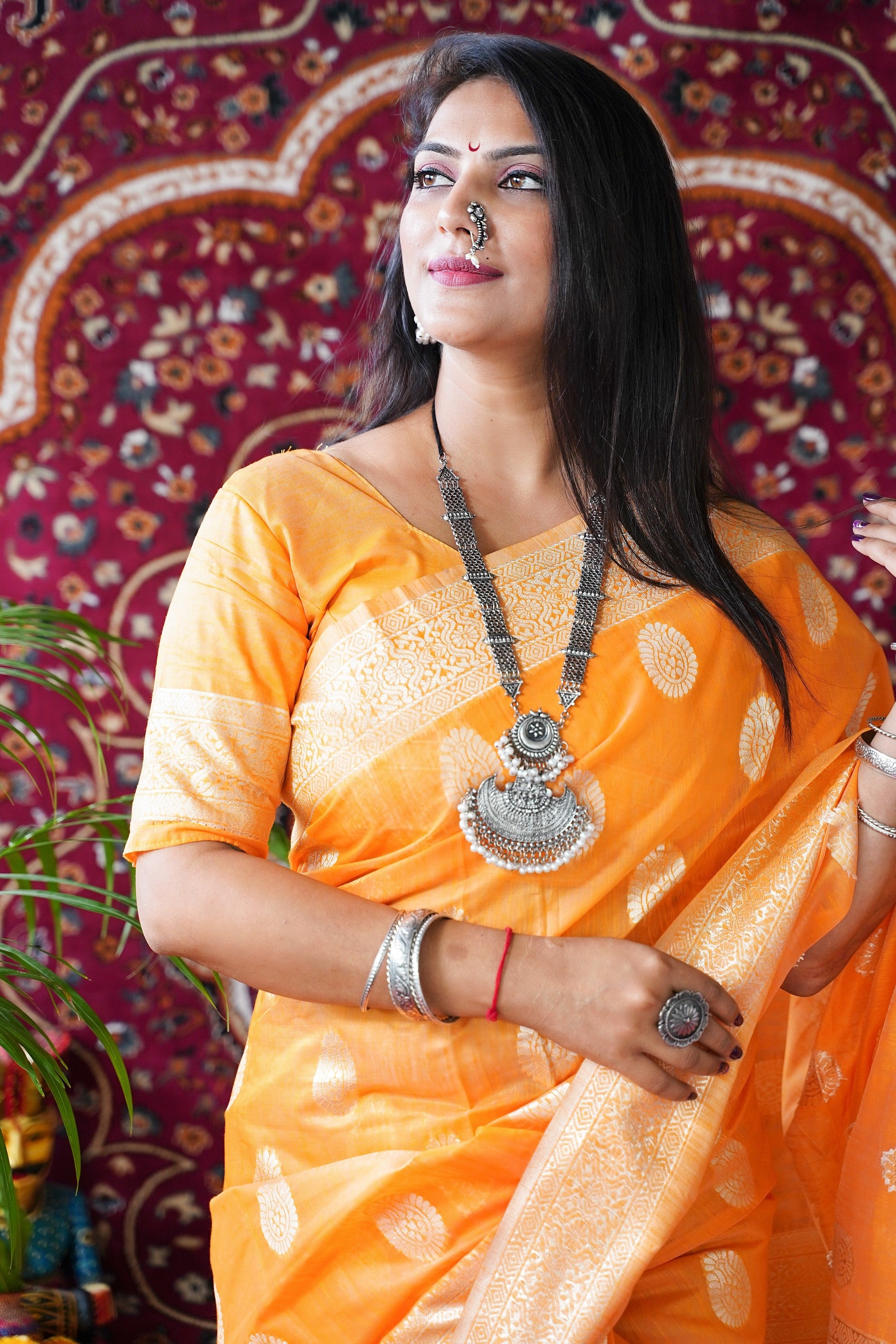 Orange Pure Linen Saree With Silver Zari Weaving