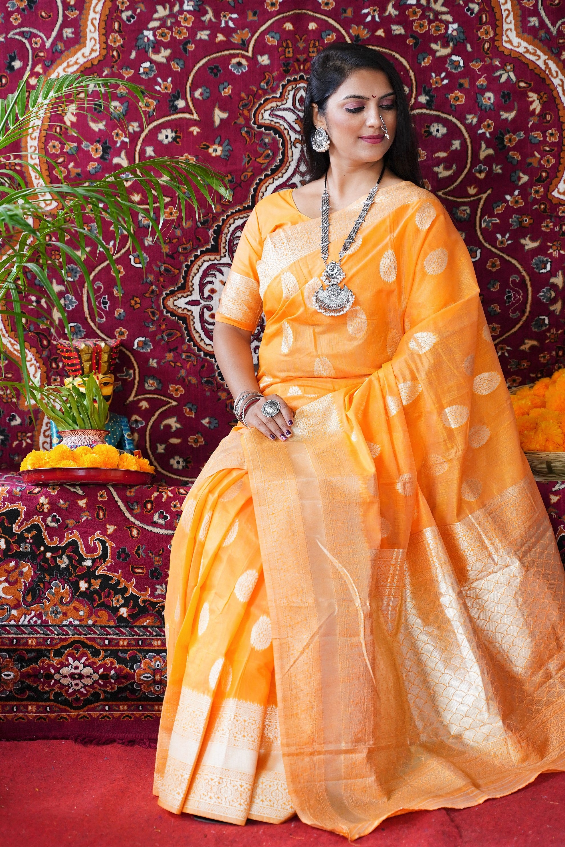 Orange Pure Linen Saree With Silver Zari Weaving