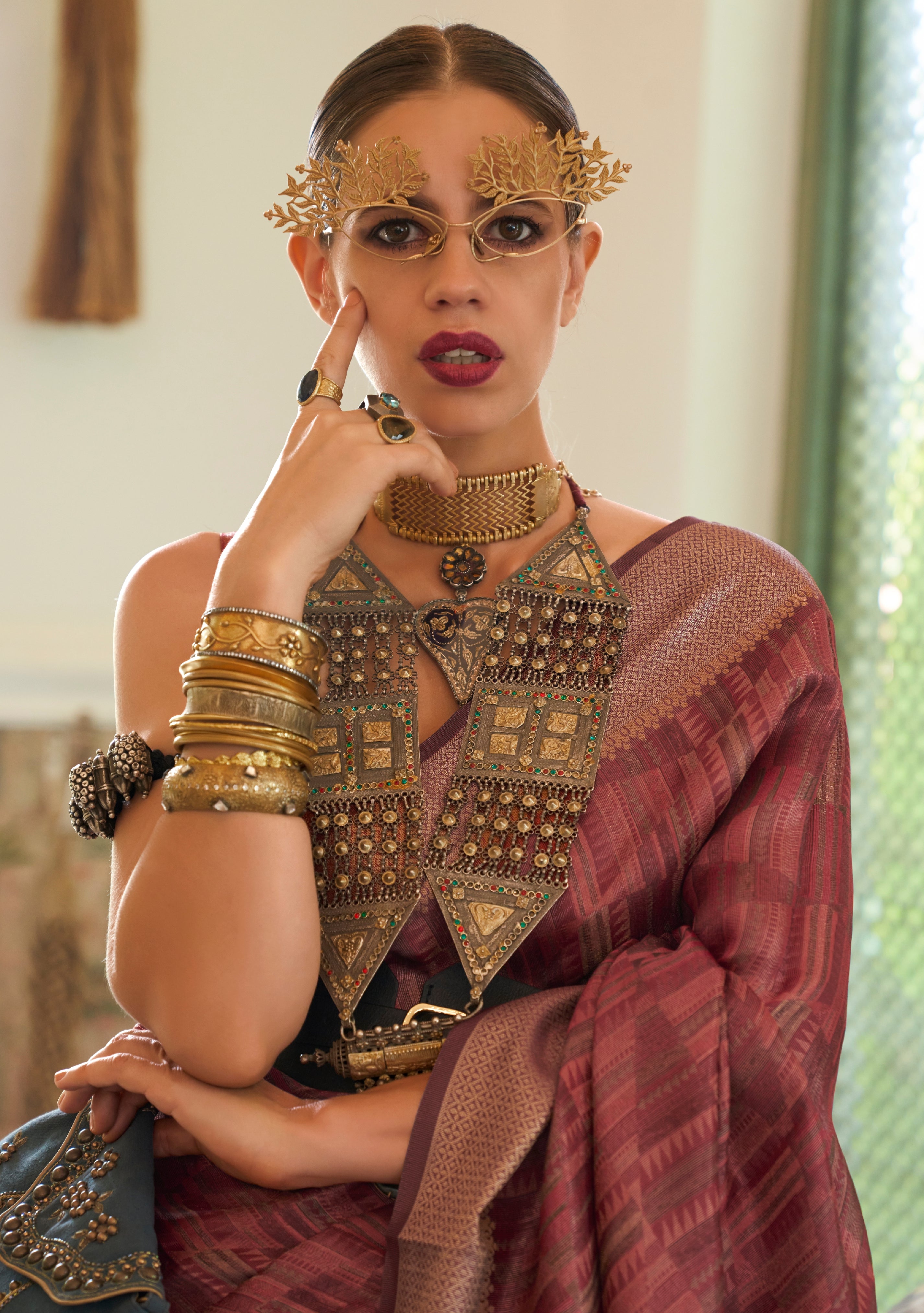 Kalki Koechlin Brown Designer Organza Saree Collection