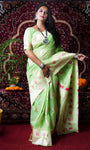 Green Pure Linen Silk Saree With Silver Zari Weaving