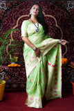 Green Pure Linen Silk Saree With Silver Zari Weaving