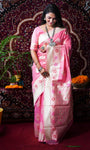 Pink Pure Linen Silk Saree With Silver Zari Weaving