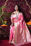 Pink Pure Linen Silk Saree With Silver Zari Weaving