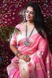 Pink Pure Linen Silk Saree With Silver Zari Weaving