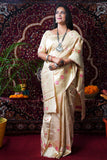 Cream Pure Linen Silk Saree With Silver Zari Weaving