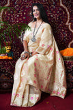 Cream Pure Linen Silk Saree With Silver Zari Weaving