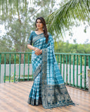 Teal And White Soft Dola Silk Shibori Saree With Zari Weaving