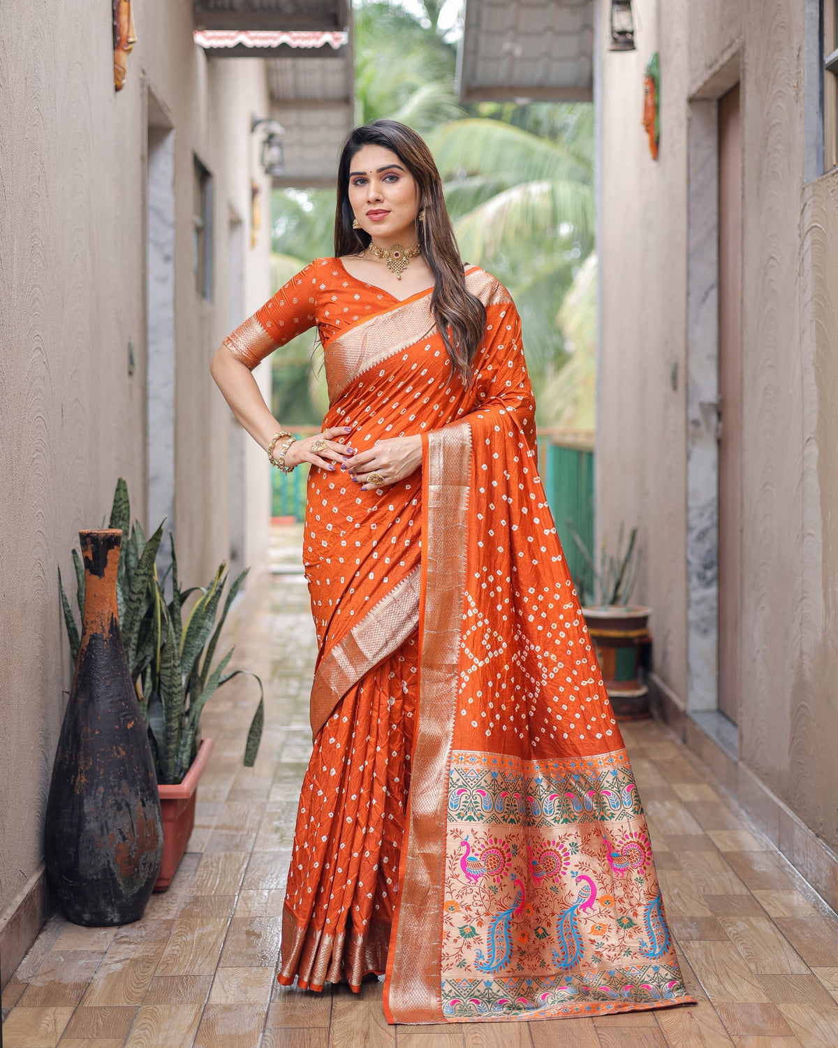 Orange Exclusive Unique Designer Bandhej Paithani collection