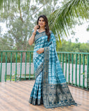 Teal And White Soft Dola Silk Shibori Saree With Zari Weaving