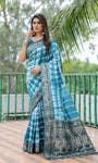 Teal And White Soft Dola Silk Shibori Saree With Zari Weaving