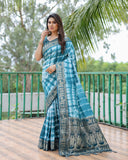 Teal And White Soft Dola Silk Shibori Saree With Zari Weaving