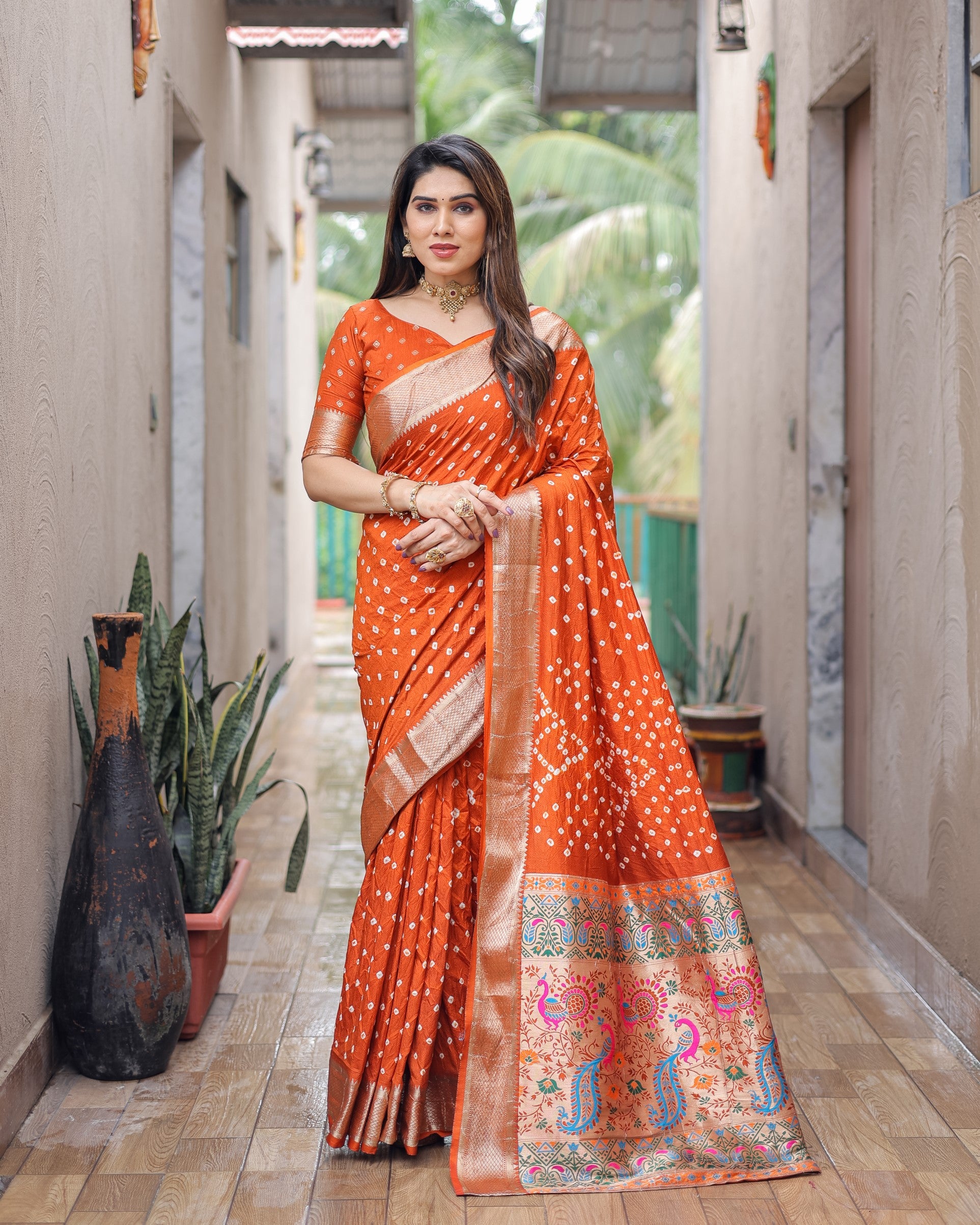 Orange Exclusive Unique Designer Bandhej Paithani collection