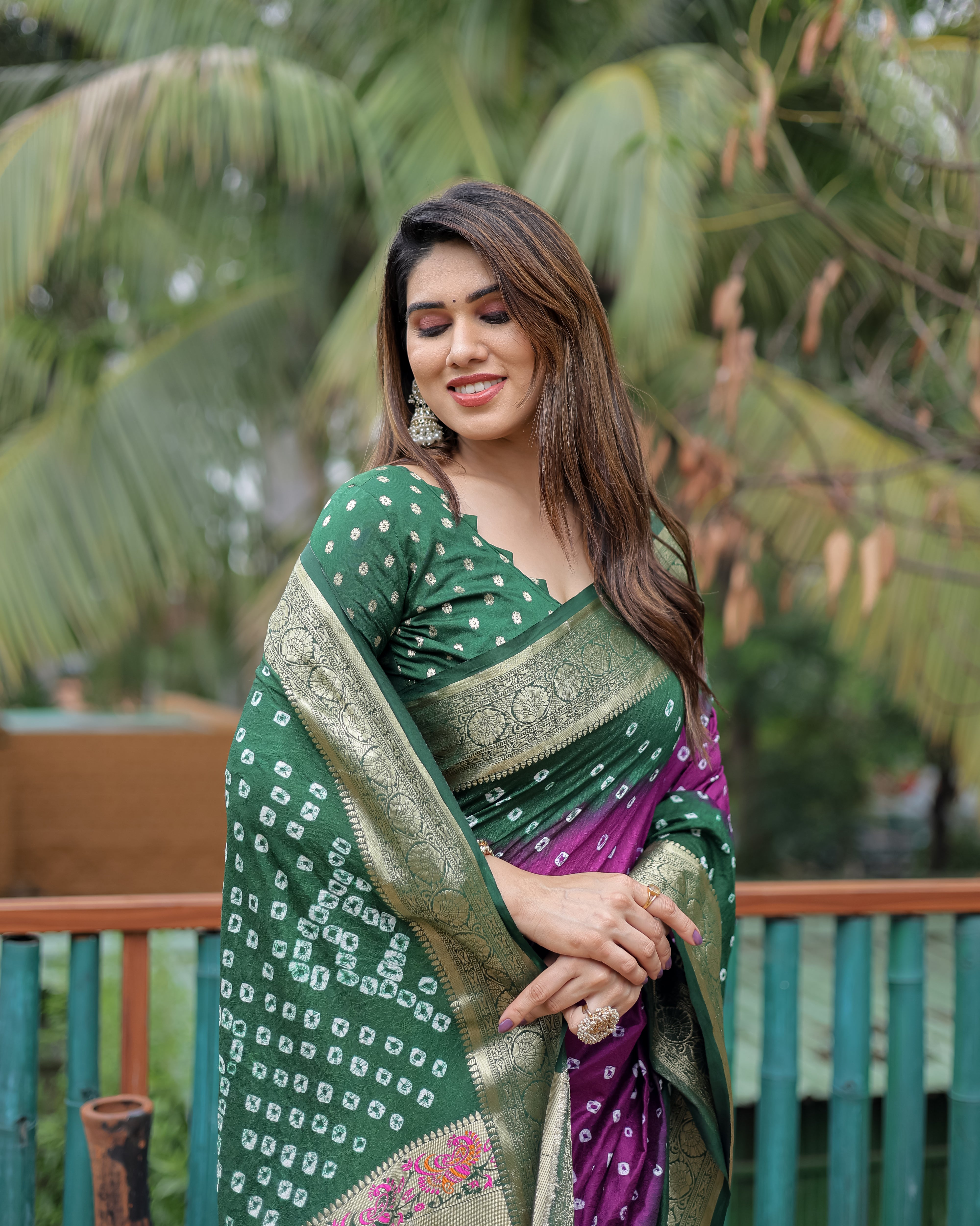 Green And Purple Paithani with Bandhej Saree With Zari Weaving