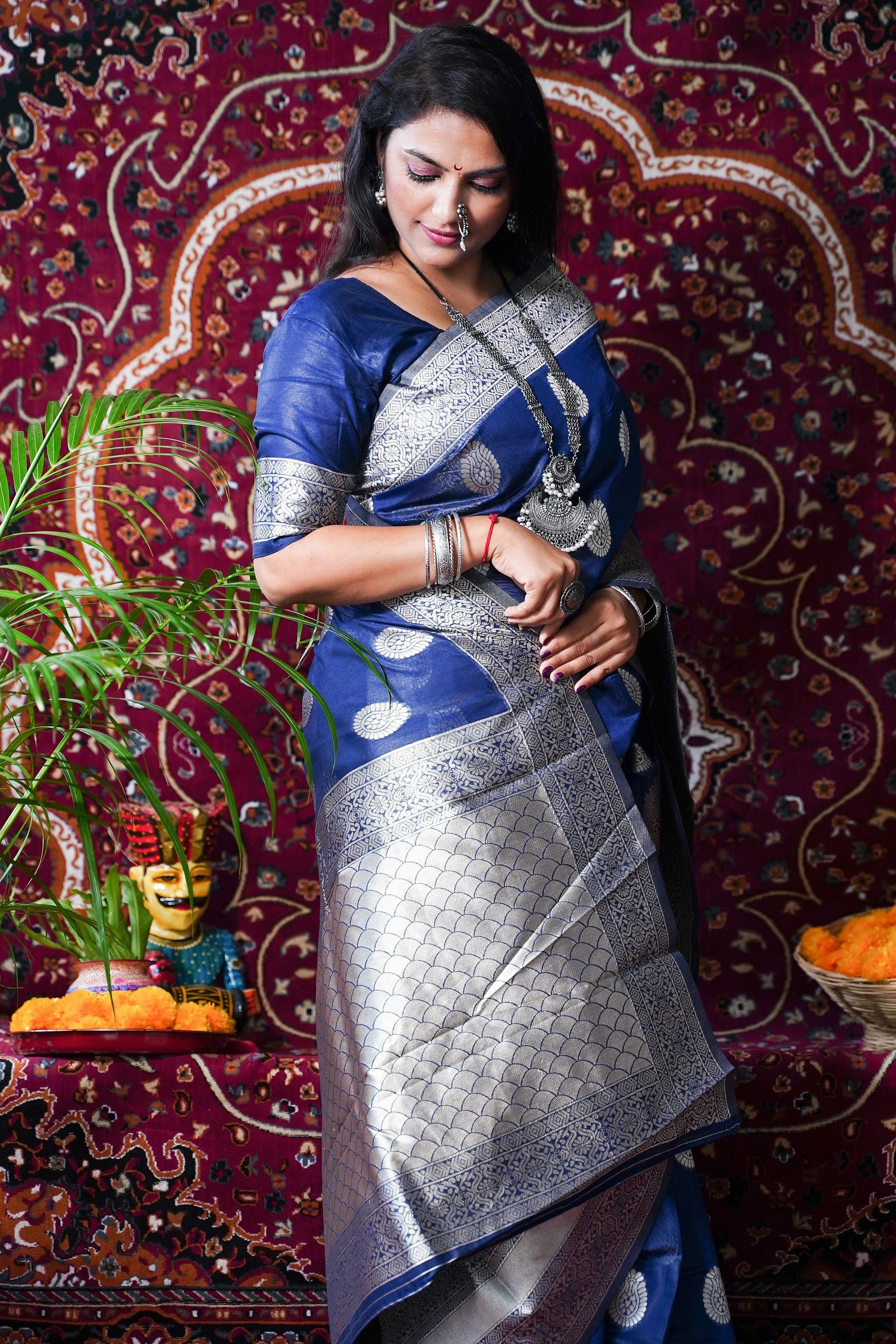 Blue Pure Linen Saree With Silver Zari Weaving