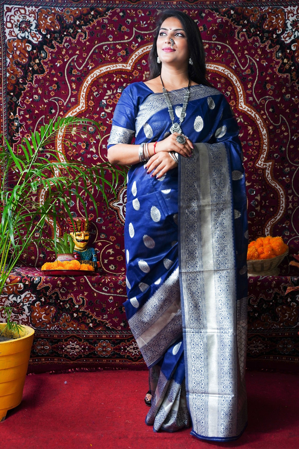 Blue Pure Linen Saree With Silver Zari Weaving