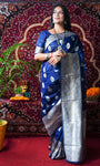 Blue Pure Linen Saree With Silver Zari Weaving