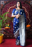 Blue Pure Linen Saree With Silver Zari Weaving