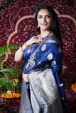 Blue Pure Linen Saree With Silver Zari Weaving