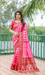 Red And White Soft Dola Silk Shibori Saree With Zari Weaving