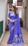 Royal Blue Handpicked Soft Dola Silk Bandhani Saree With Zari Weaving Design