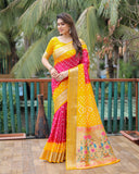 Yellow And Pink Paithani with Bandhej Saree With Zari Weaving