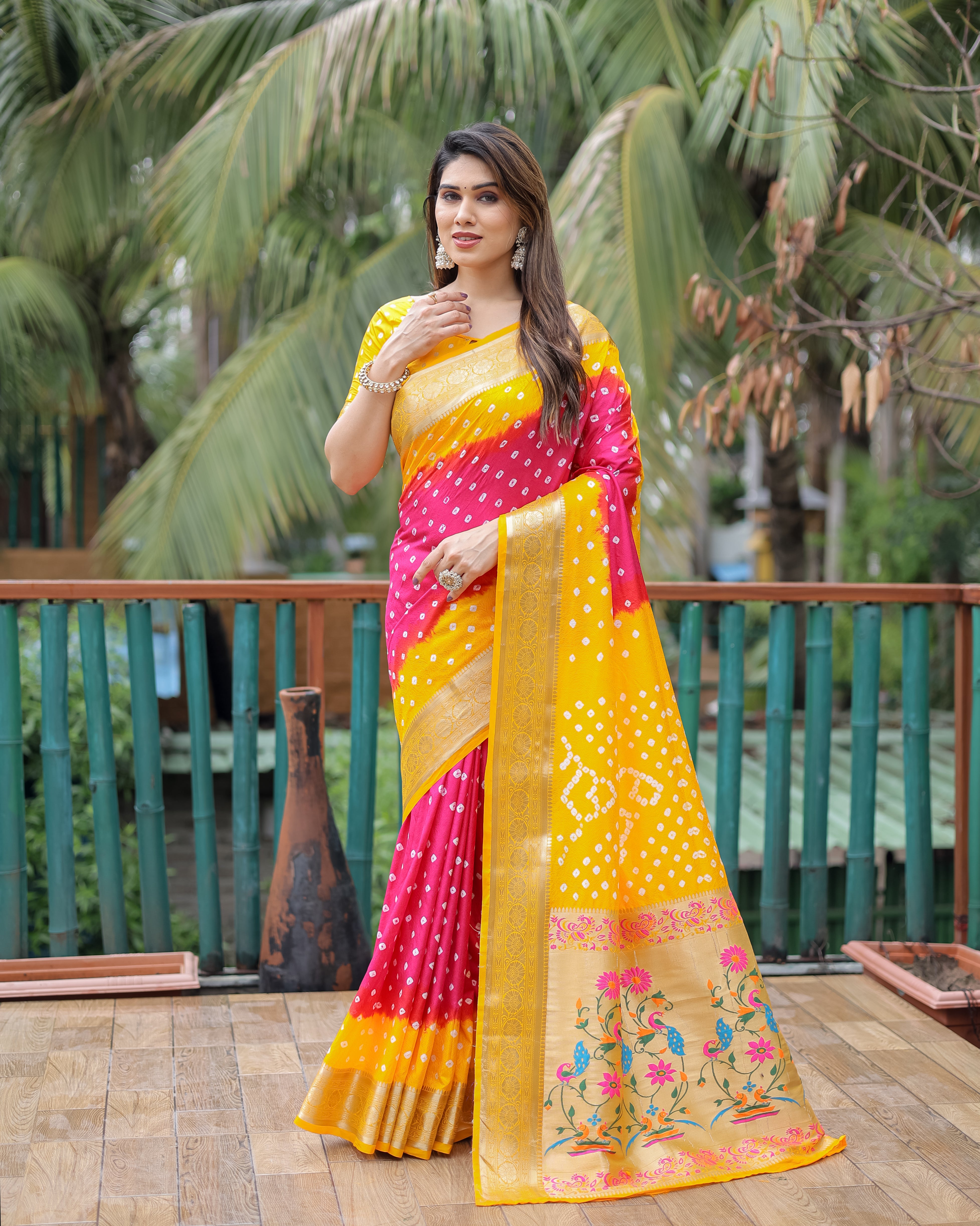 Yellow And Pink Paithani with Bandhej Saree With Zari Weaving