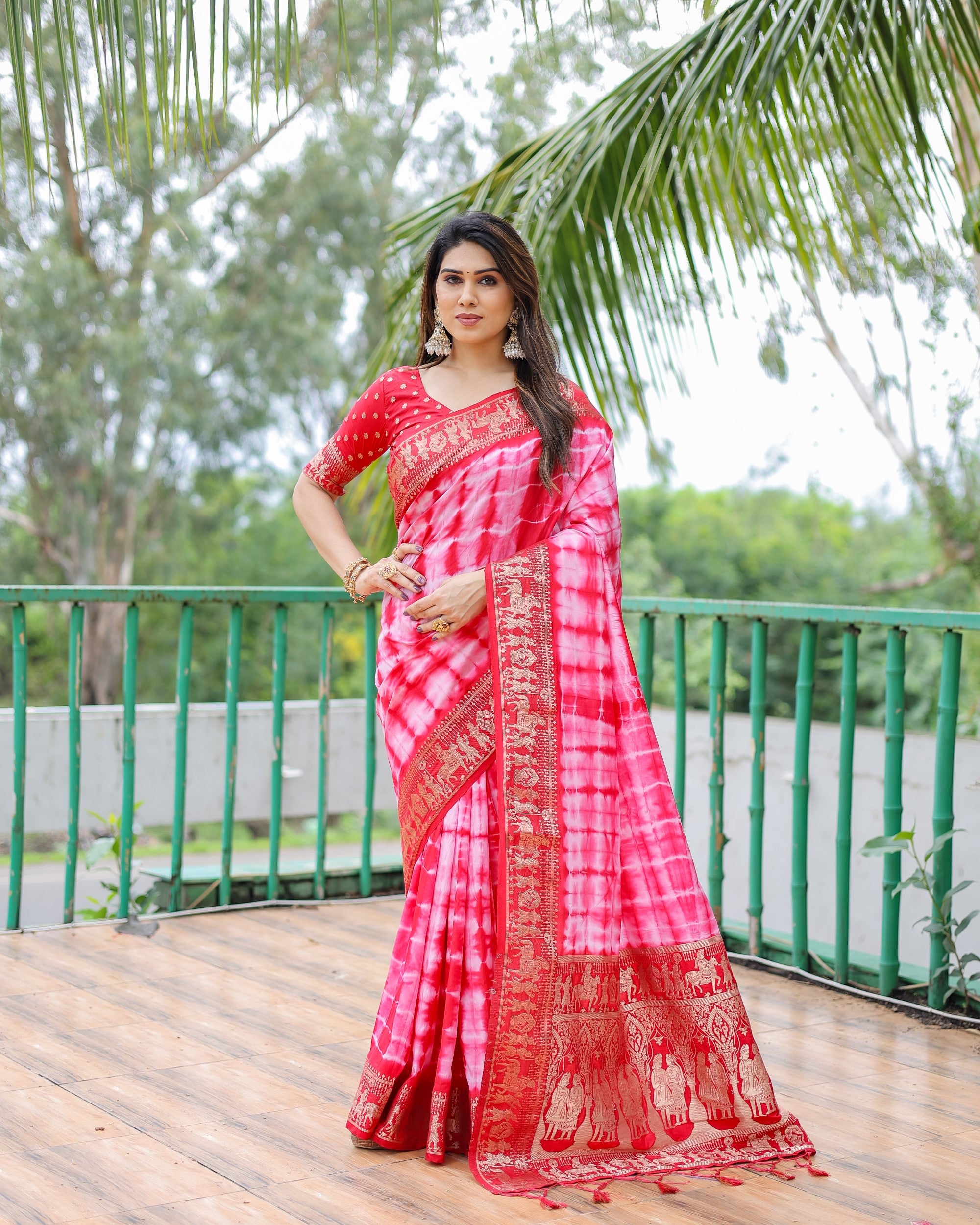 Red And White Soft Dola Silk Shibori Saree With Zari Weaving