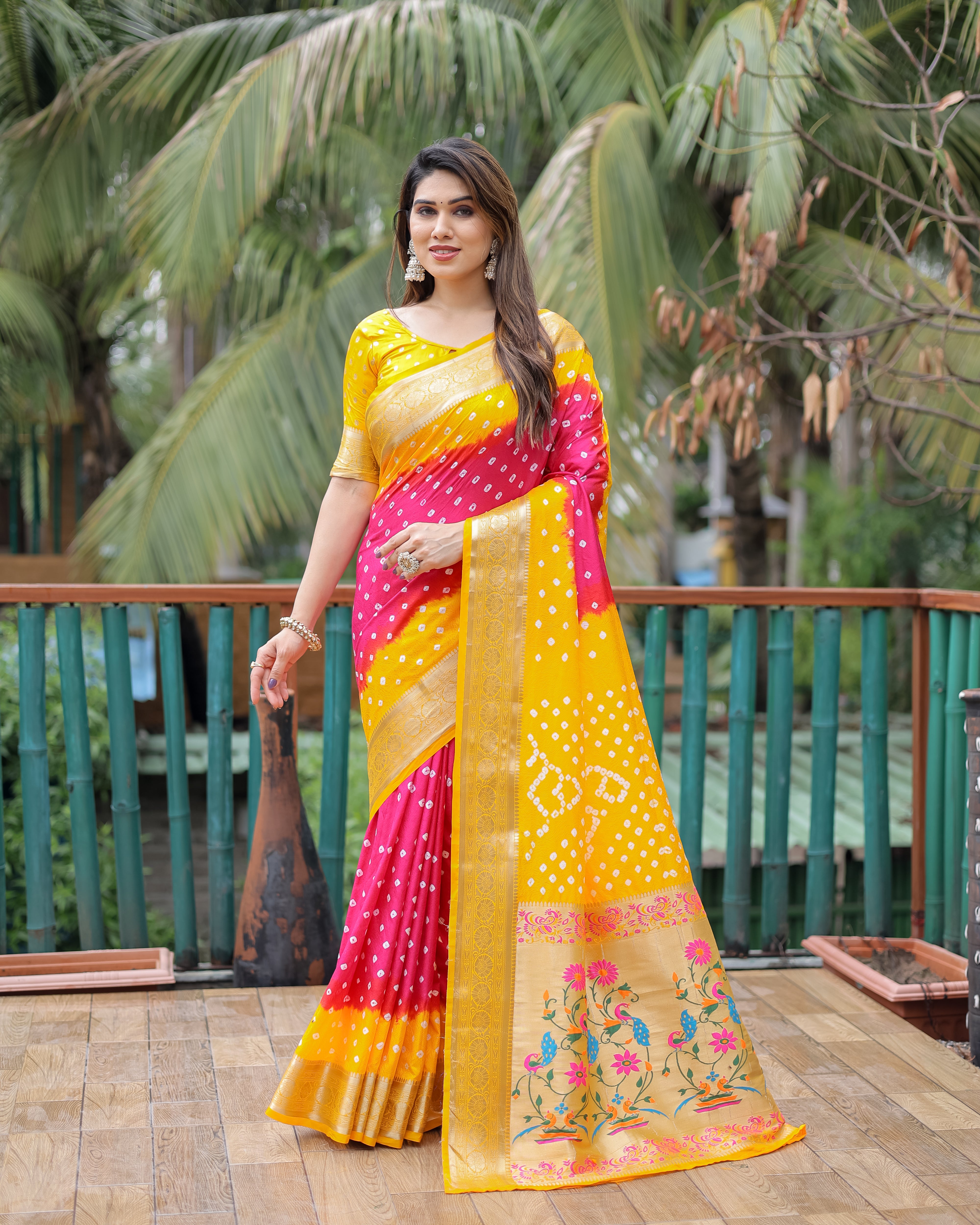 Yellow And Pink Paithani with Bandhej Saree With Zari Weaving