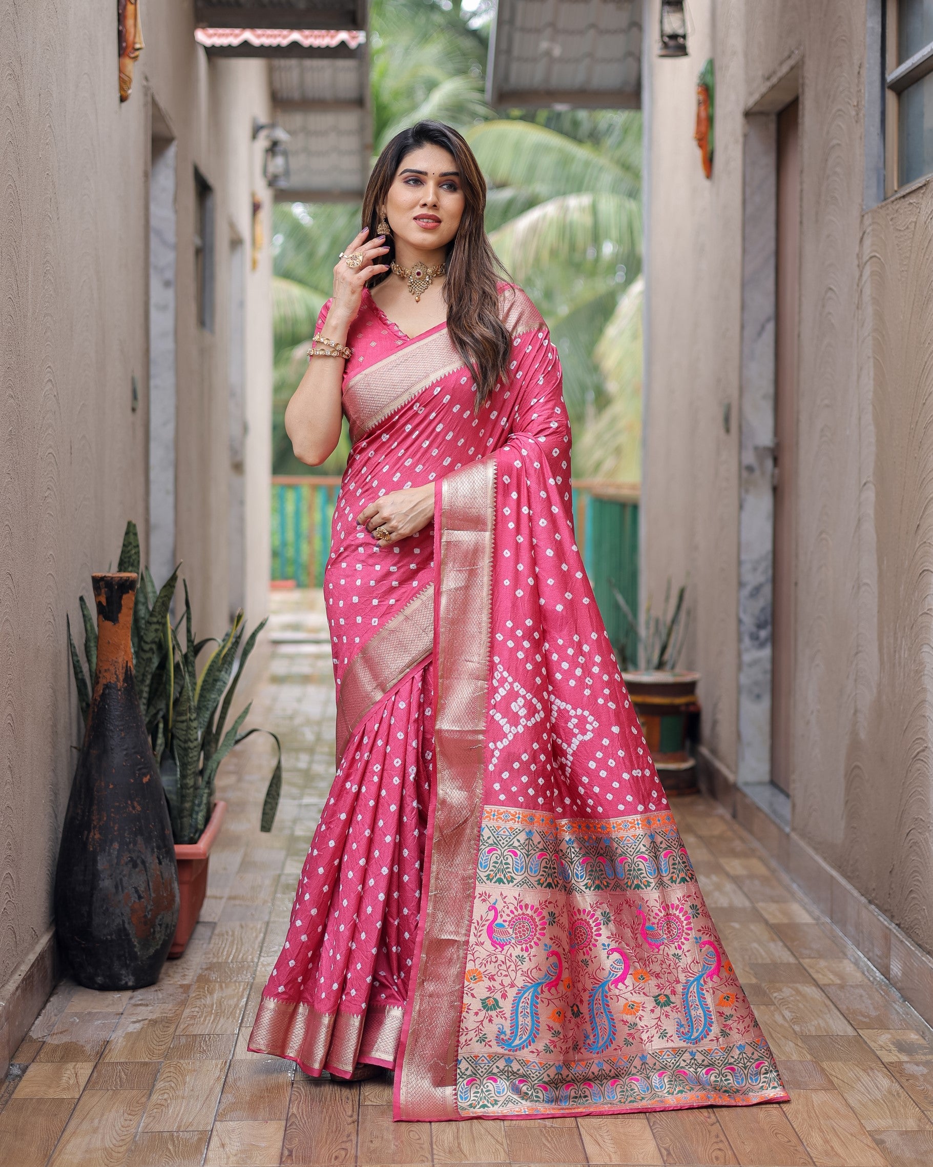 Pink Exclusive Unique Designer Bandhej Paithani collection