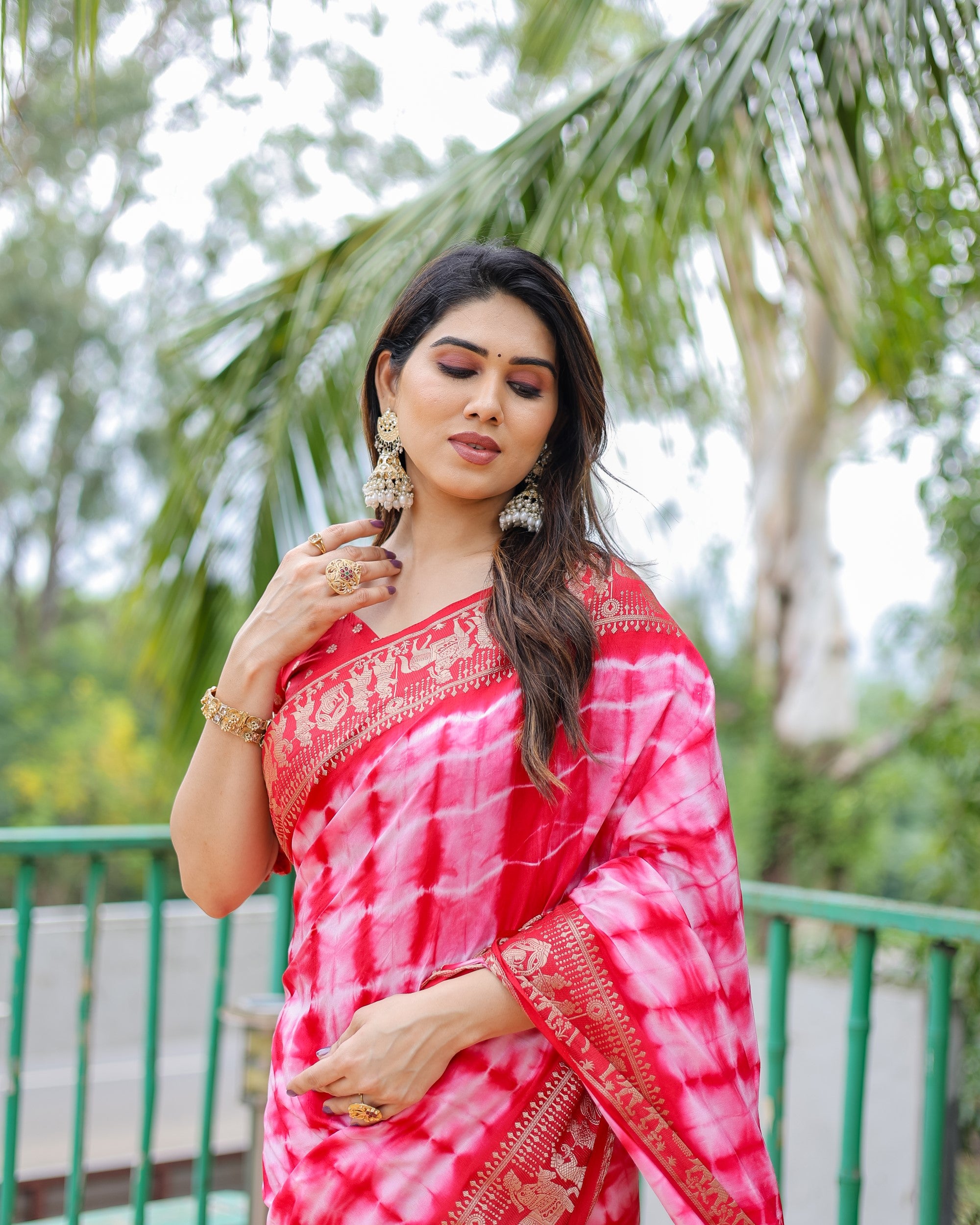 Red And White Soft Dola Silk Shibori Saree With Zari Weaving