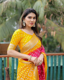 Yellow And Pink Paithani with Bandhej Saree With Zari Weaving