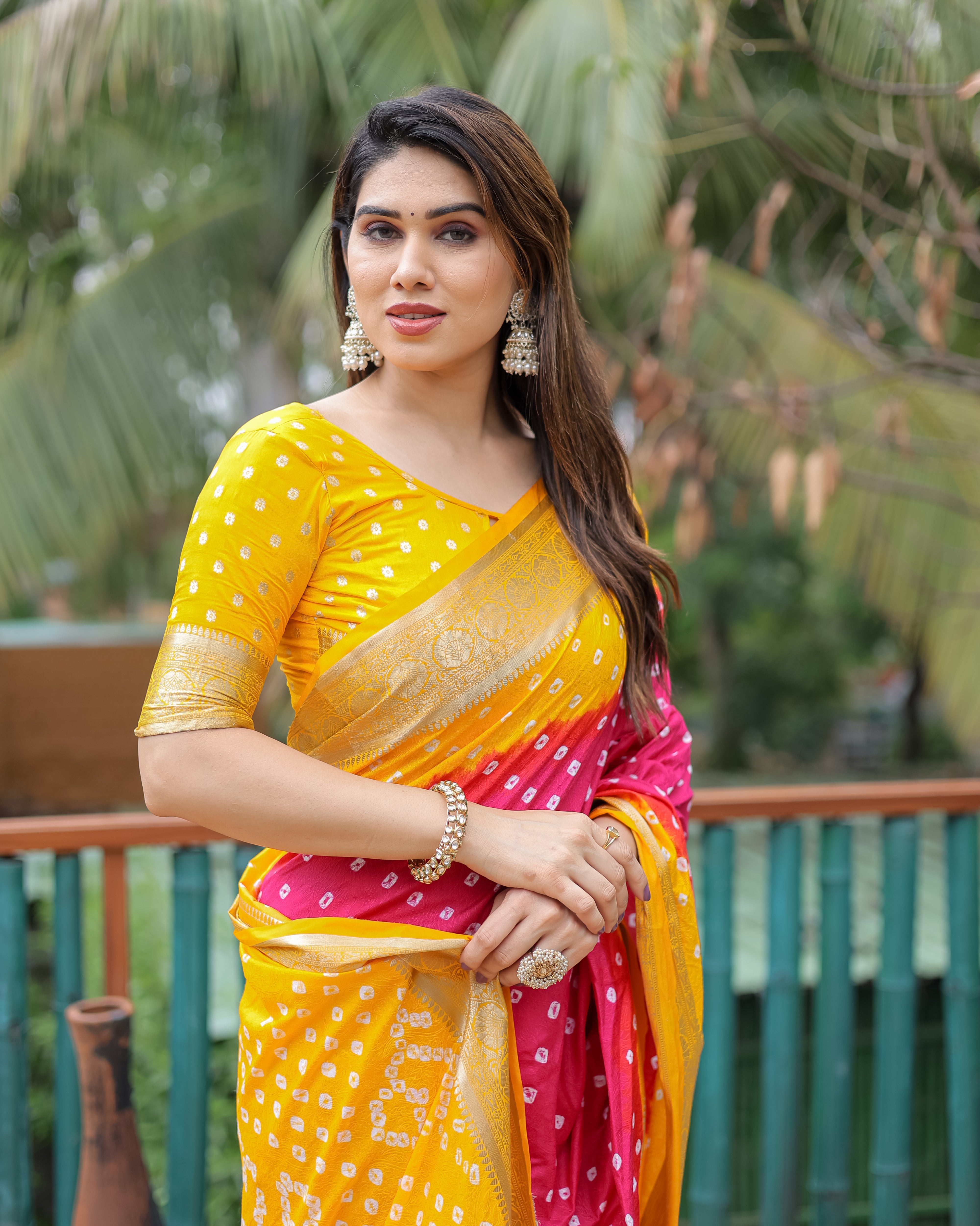 Yellow And Pink Paithani with Bandhej Saree With Zari Weaving