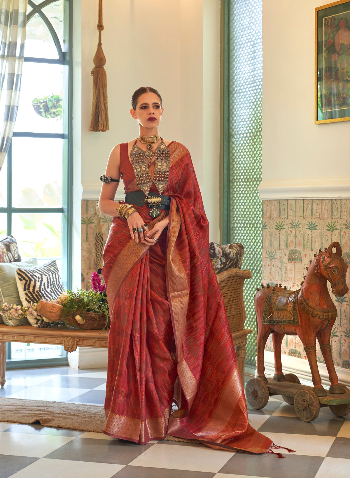 Kalki Koechlin Red Designer Organza Saree Collection