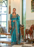 Kalki Koechlin Teal Designer Organza Saree Collection