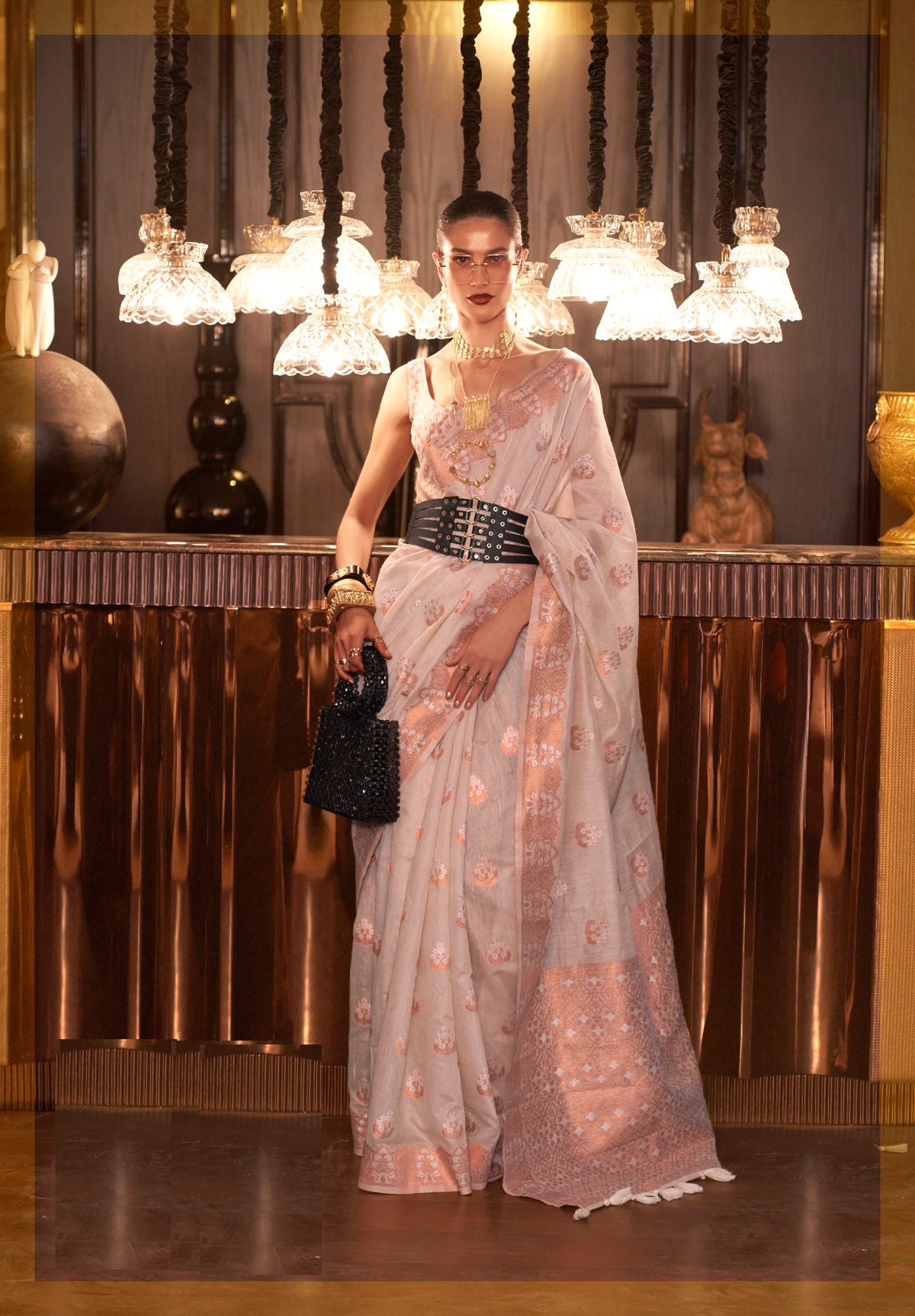 Off White Pure Linen Saree With Copper Zari Weaving