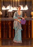 Sky Blue Pure Linen Saree With Copper Zari Weaving