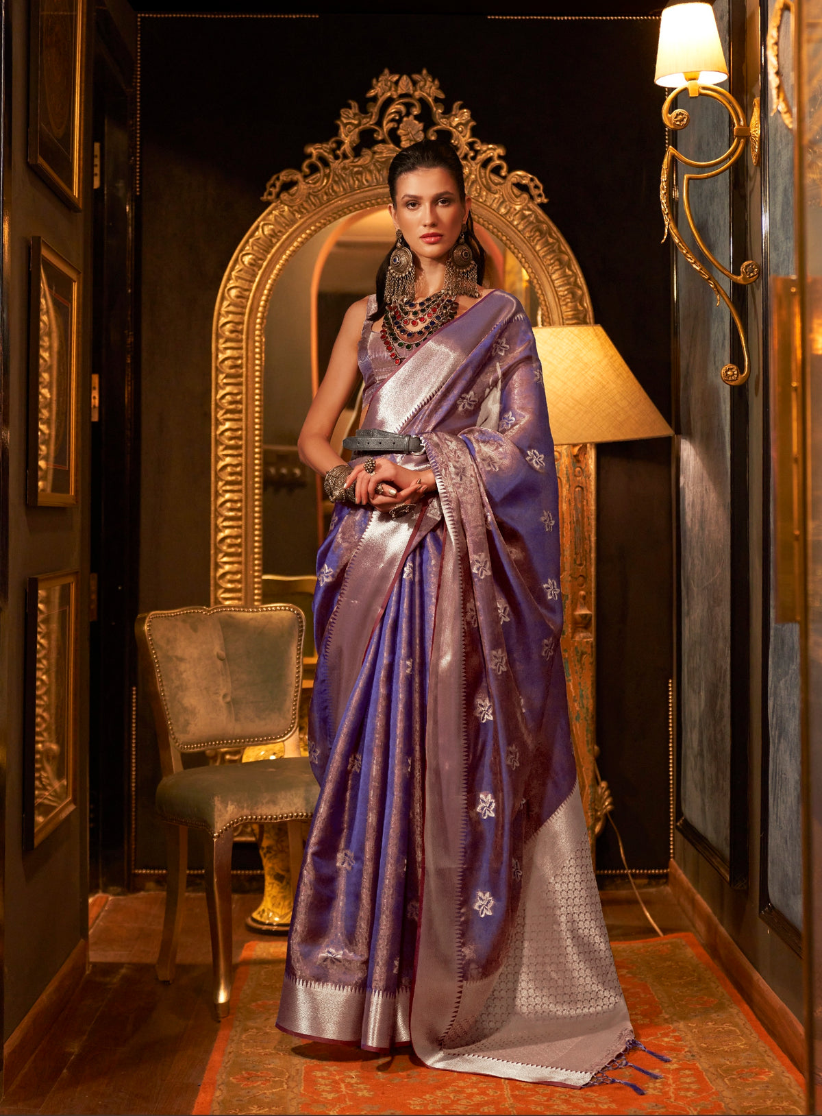 Purple Designer Handloom Organza Saree With Zari Weaving