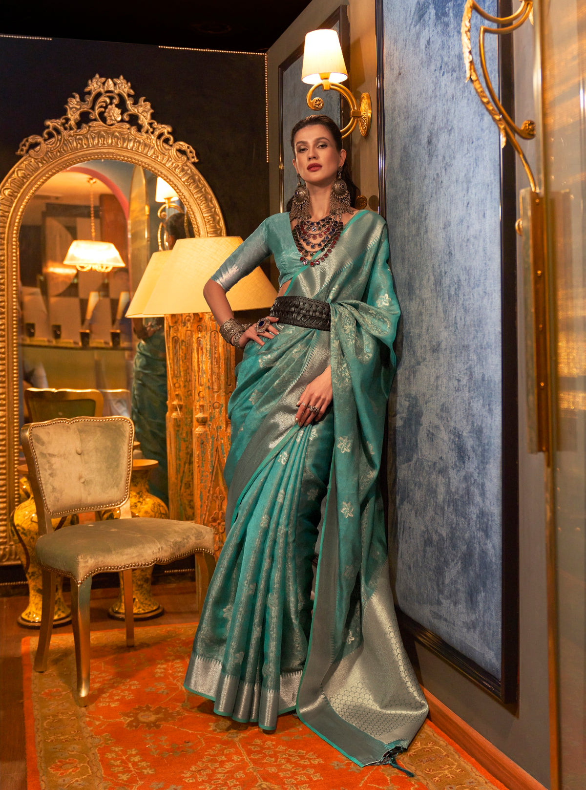 Teal Designer Handloom Organza Saree With Zari Weaving