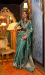 Teal Designer Handloom Organza Saree With Zari Weaving