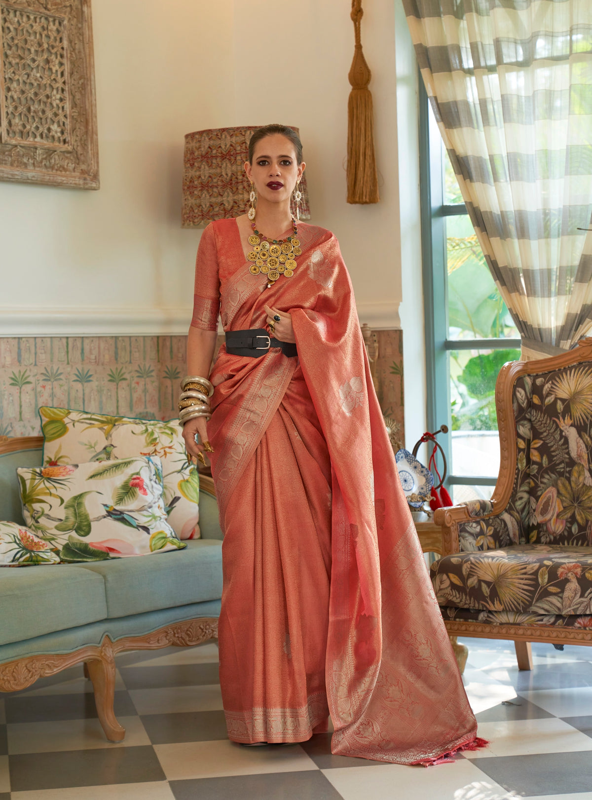 Kalki Koechlin Orchid Orange Designer Handloom Saree Collection With Zari Weaving