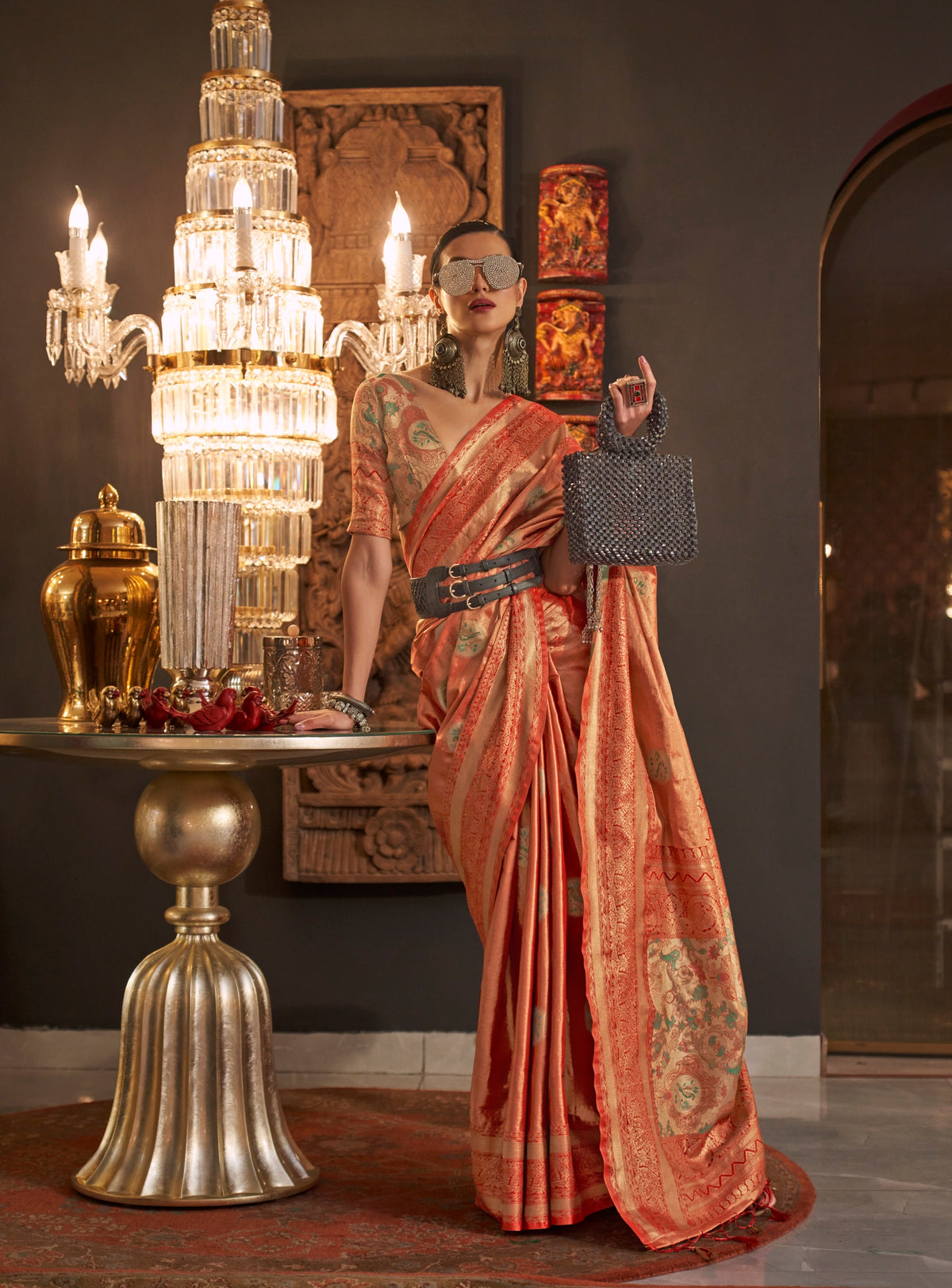 Orange Designer Handloom Silk Saree With Zari Weaving