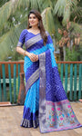 Blue And Sky Paithani with Bandhej Saree With Zari Weaving