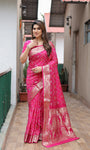 Pink Handpicked Soft Dola Silk Bandhani Saree With Zari Weaving Design